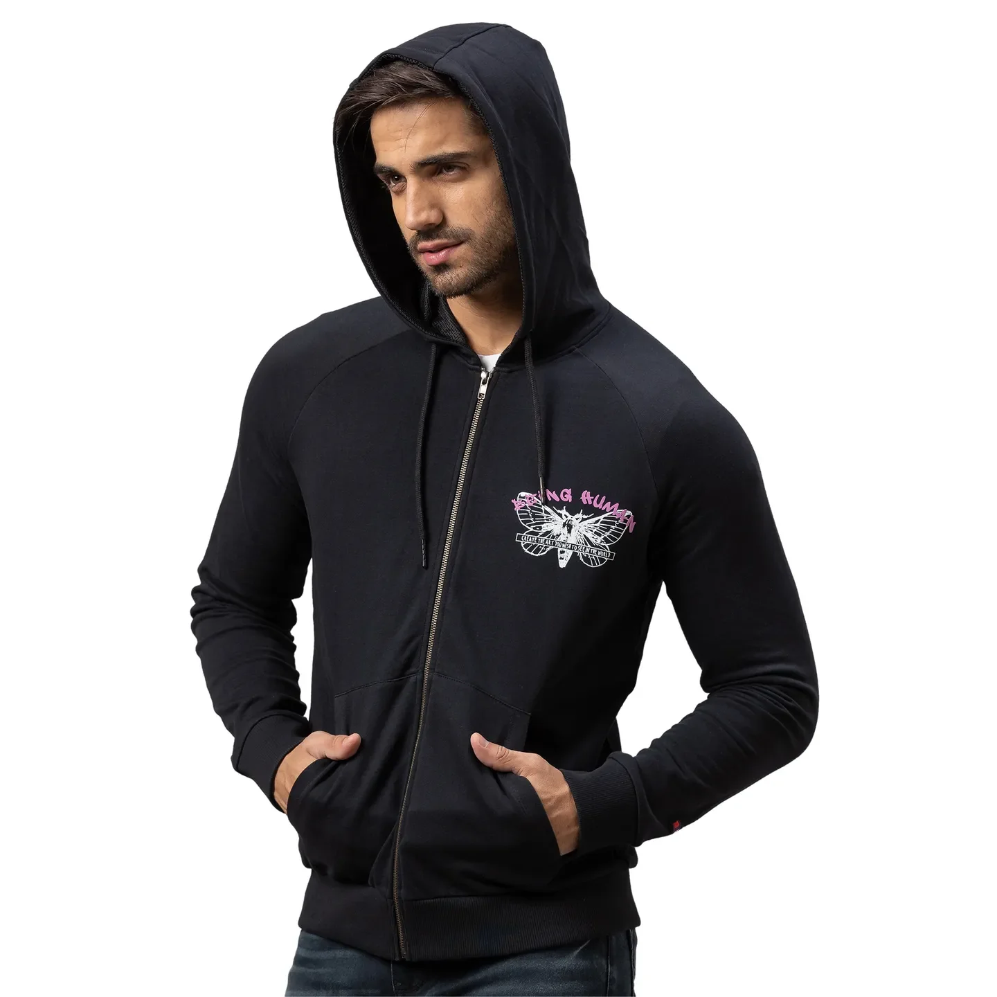 Black Regular Fit  Long Sleeves Cotton Men's Hoodie by Being Human Clothing - Image 4