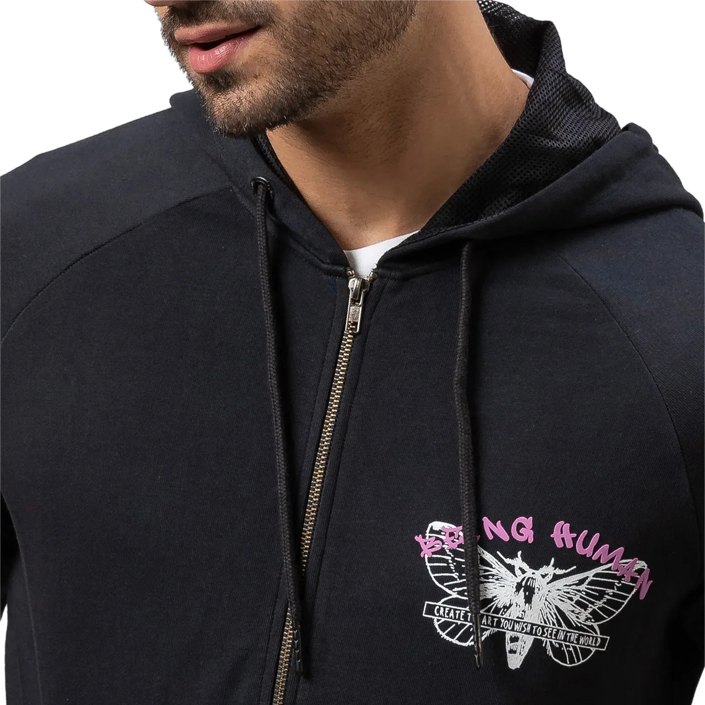 Black Regular Fit  Long Sleeves Cotton Men's Hoodie by Being Human Clothing - Image 5