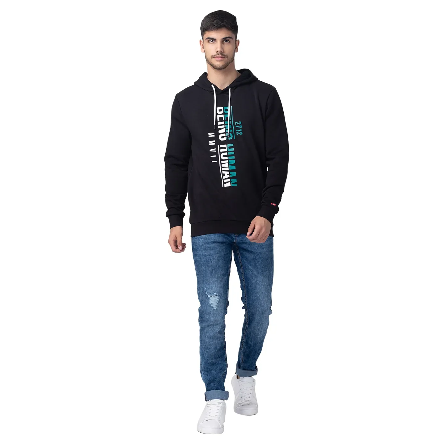 Black Regular Fit  Long Sleeves Cotton Men's Hoodie by Being Human Clothing - Image 5
