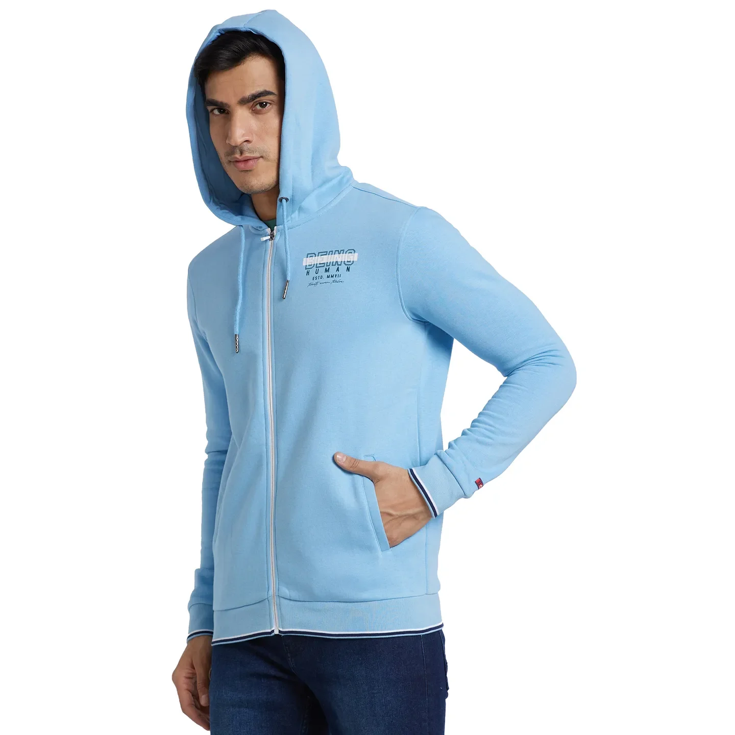 Blue Regular Fit Long Sleeves Cotton Men's Hoodie by Being Human Clothing - Image 2