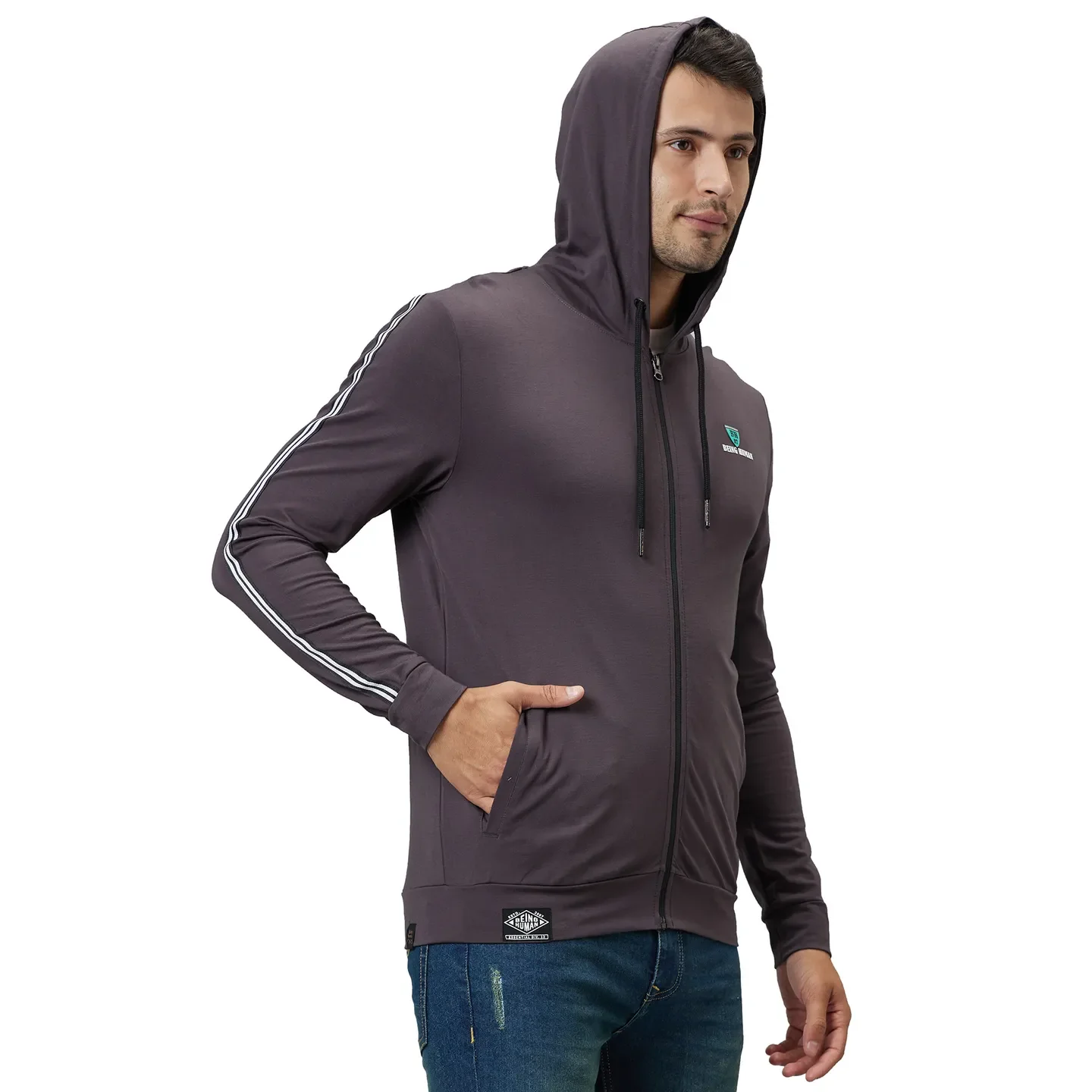 Grey Regular Fit Men's Hoodie by Being Human Clothing - Image 4