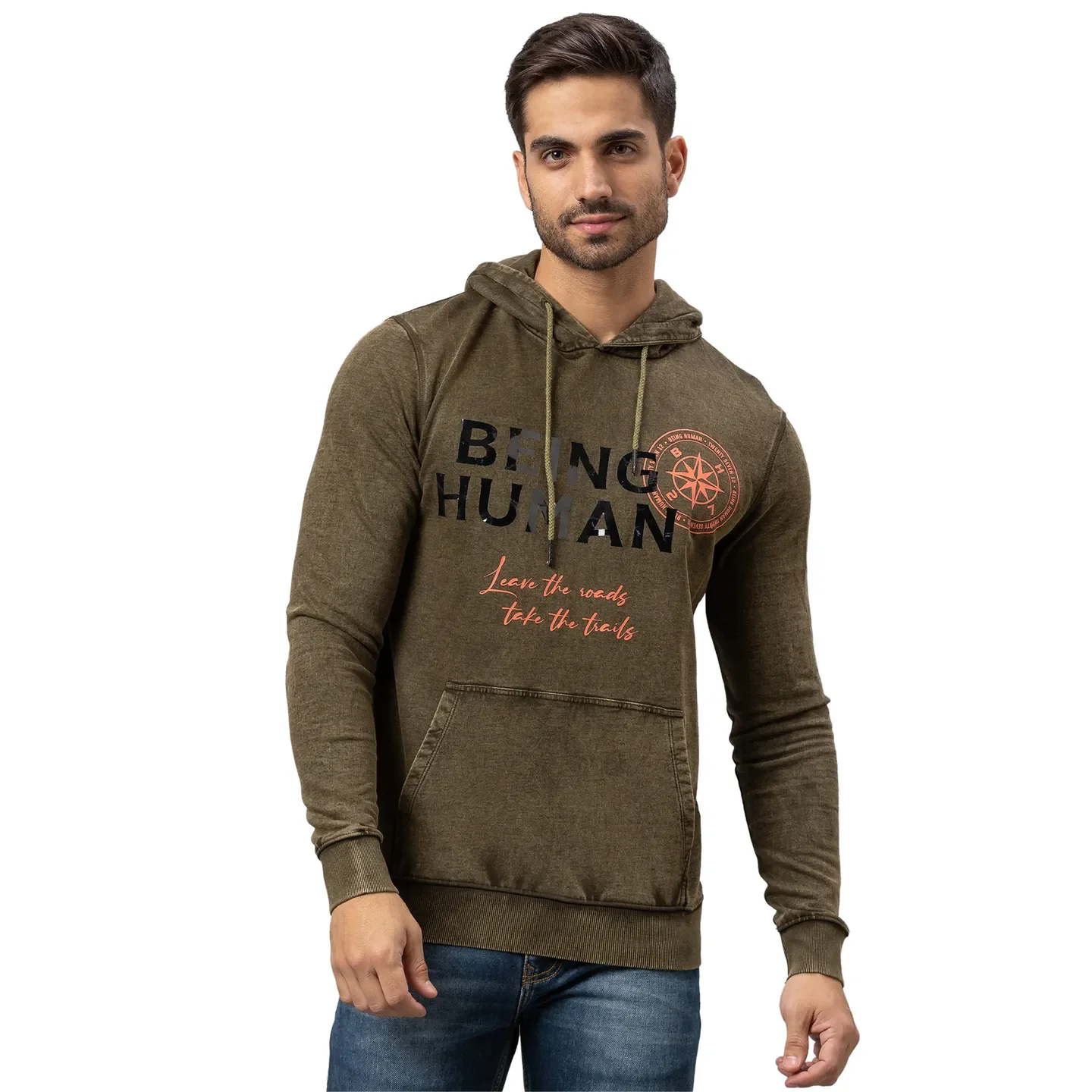 Olive Regular Fit  Long Sleeves Cotton Men's Hoodie by Being Human Clothing