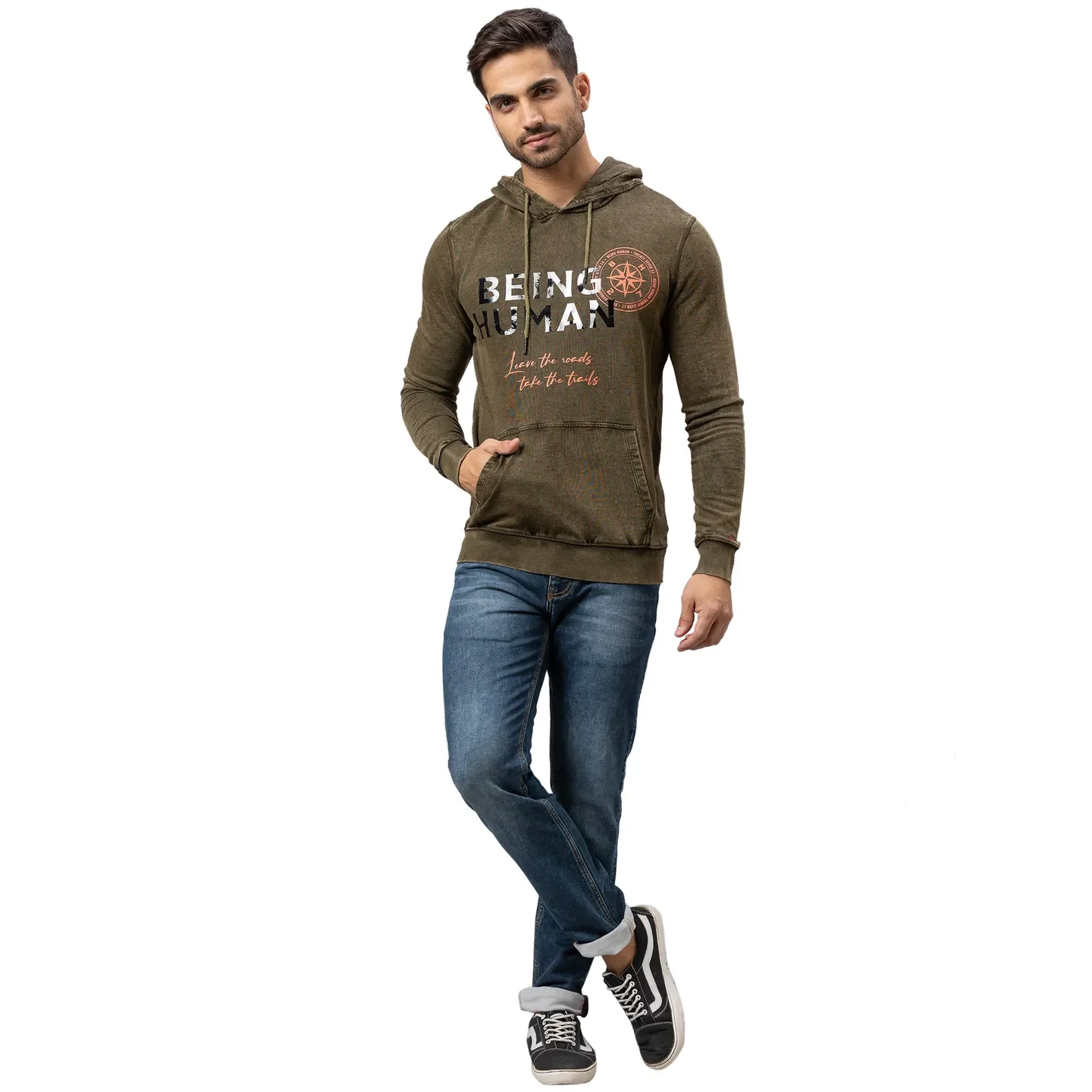 Olive Regular Fit  Long Sleeves Cotton Men's Hoodie by Being Human Clothing - Image 2