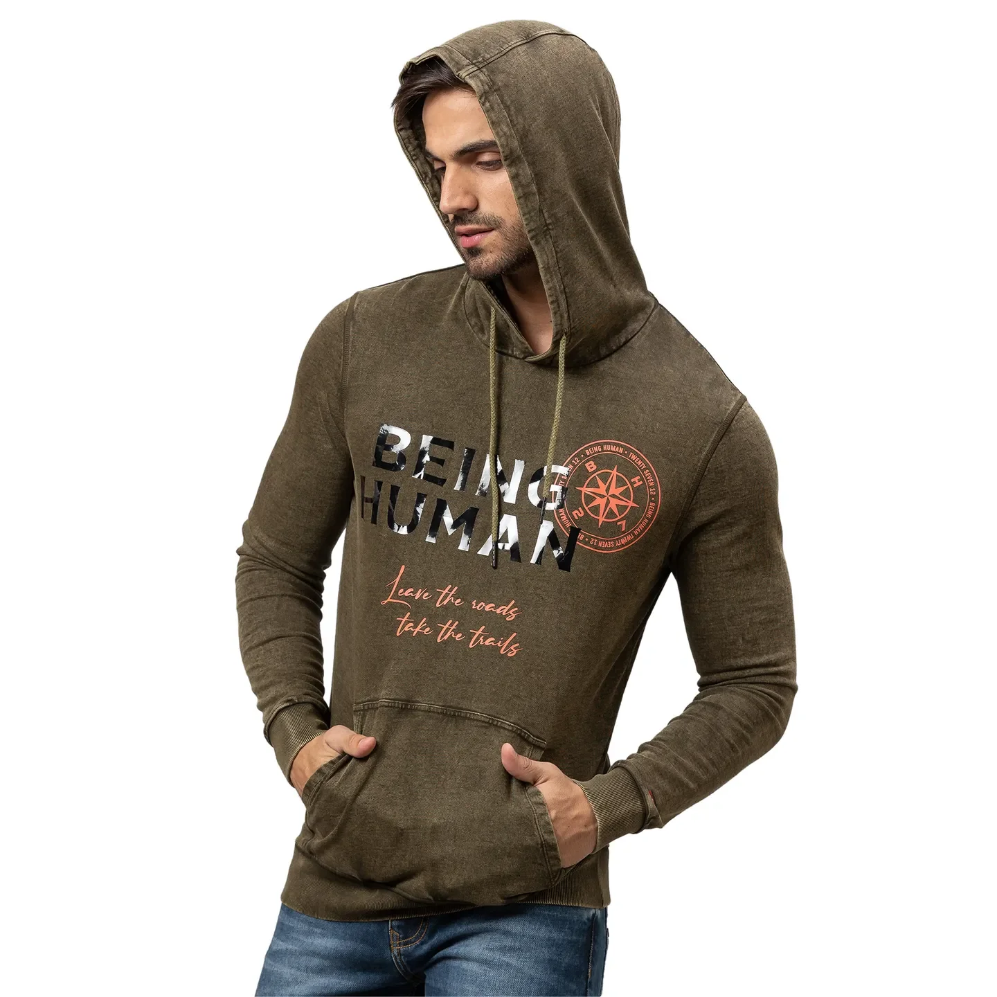 Olive Regular Fit  Long Sleeves Cotton Men's Hoodie by Being Human Clothing - Image 4