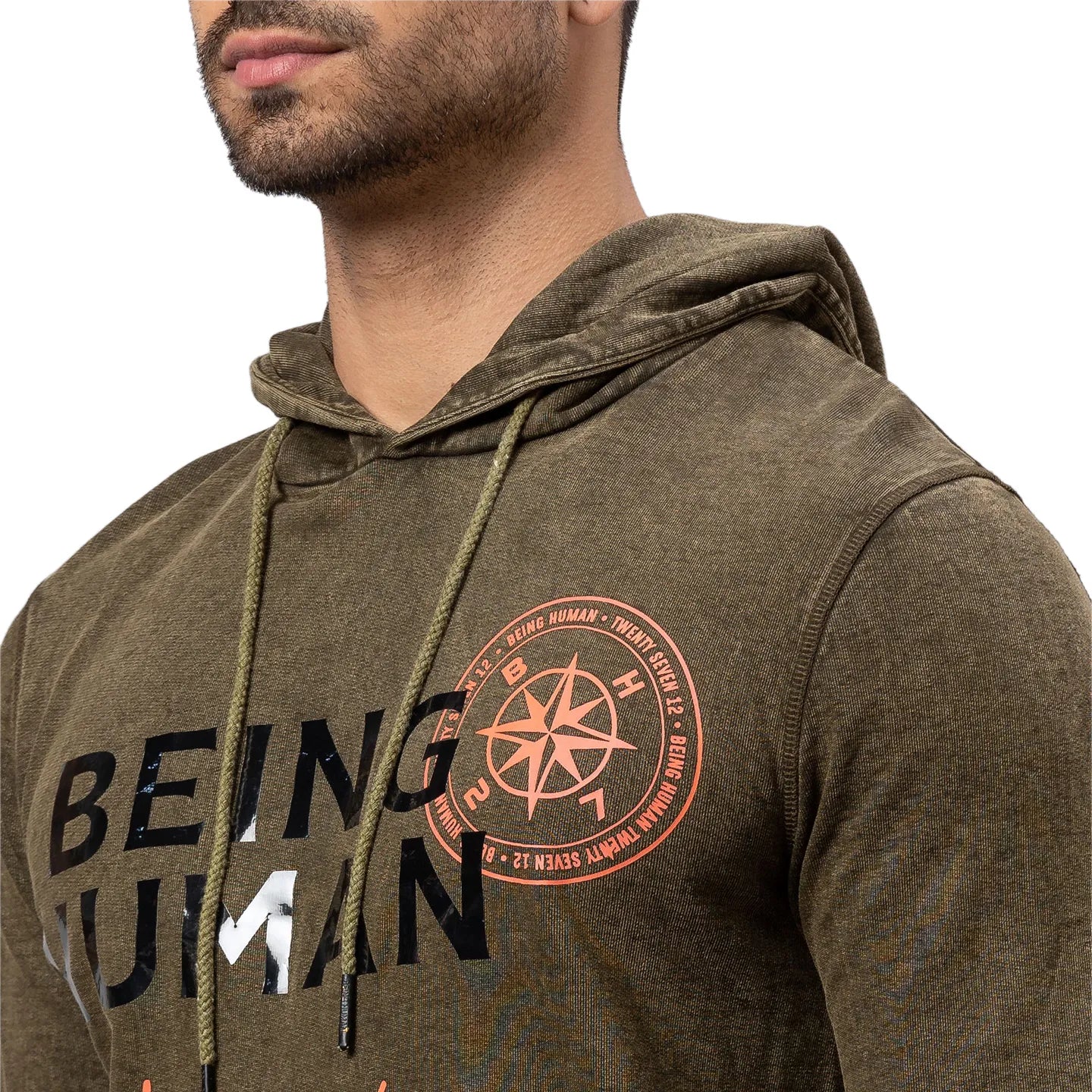 Olive Regular Fit  Long Sleeves Cotton Men's Hoodie by Being Human Clothing - Image 5