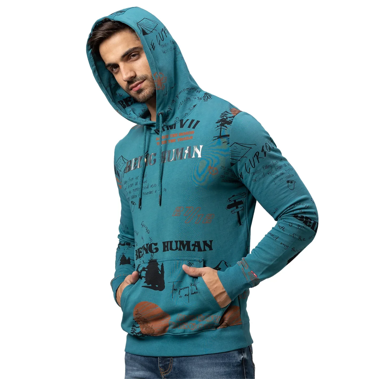 Green Regular Fit Long Sleeves Cotton Men's Hoodie by Being Human Clothing - Image 4
