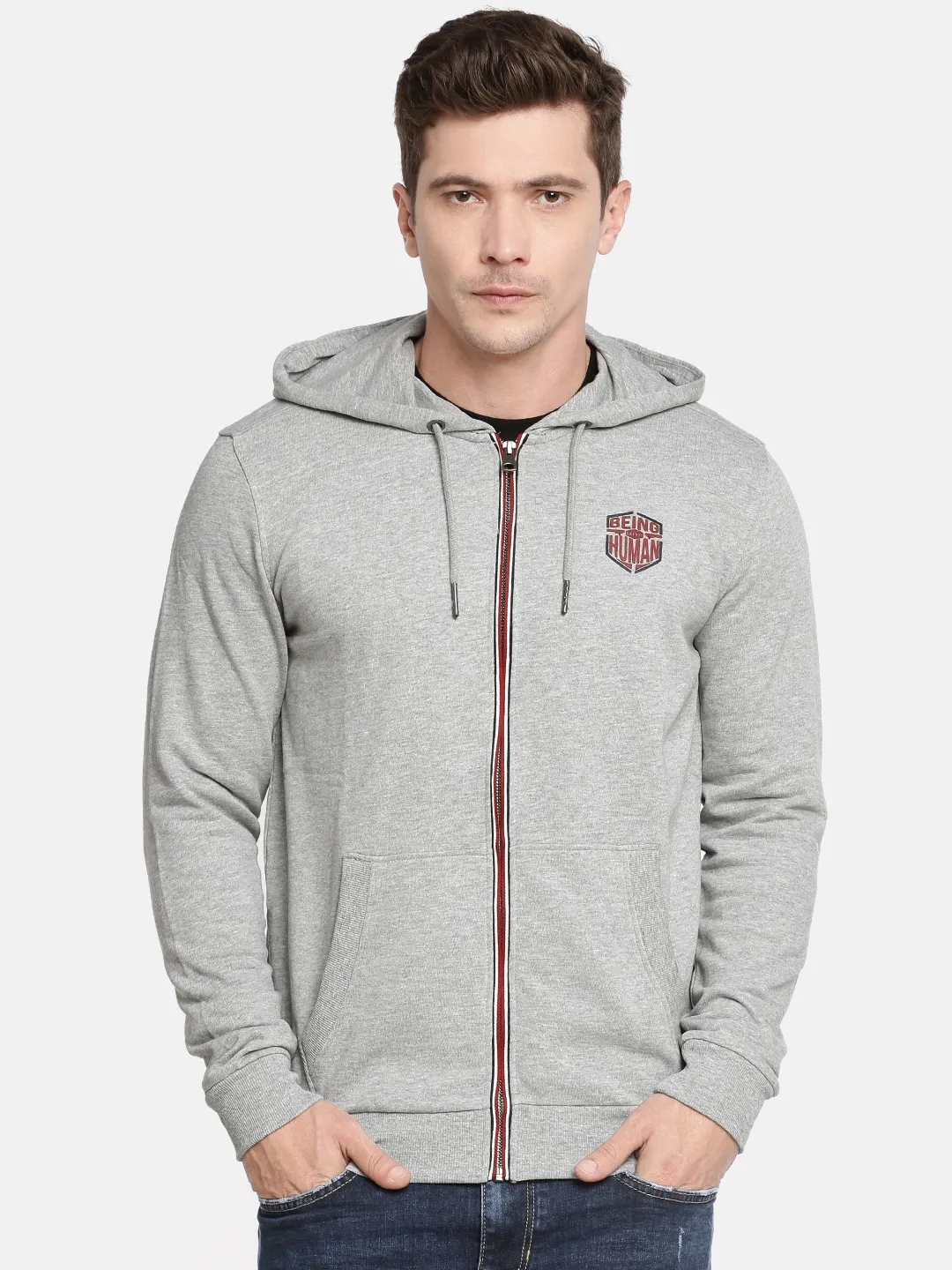 Grey Regular Fit  Long Sleeves Cotton Men's Hoodie by Being Human Clothing