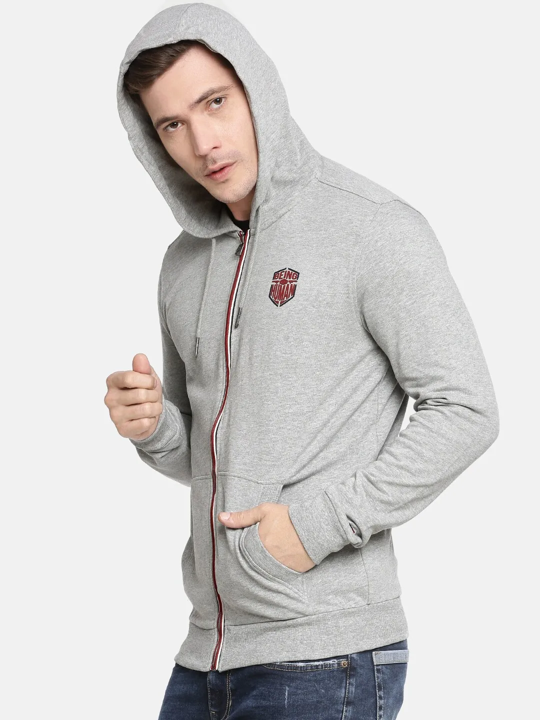 Grey Regular Fit  Long Sleeves Cotton Men's Hoodie by Being Human Clothing - Image 2