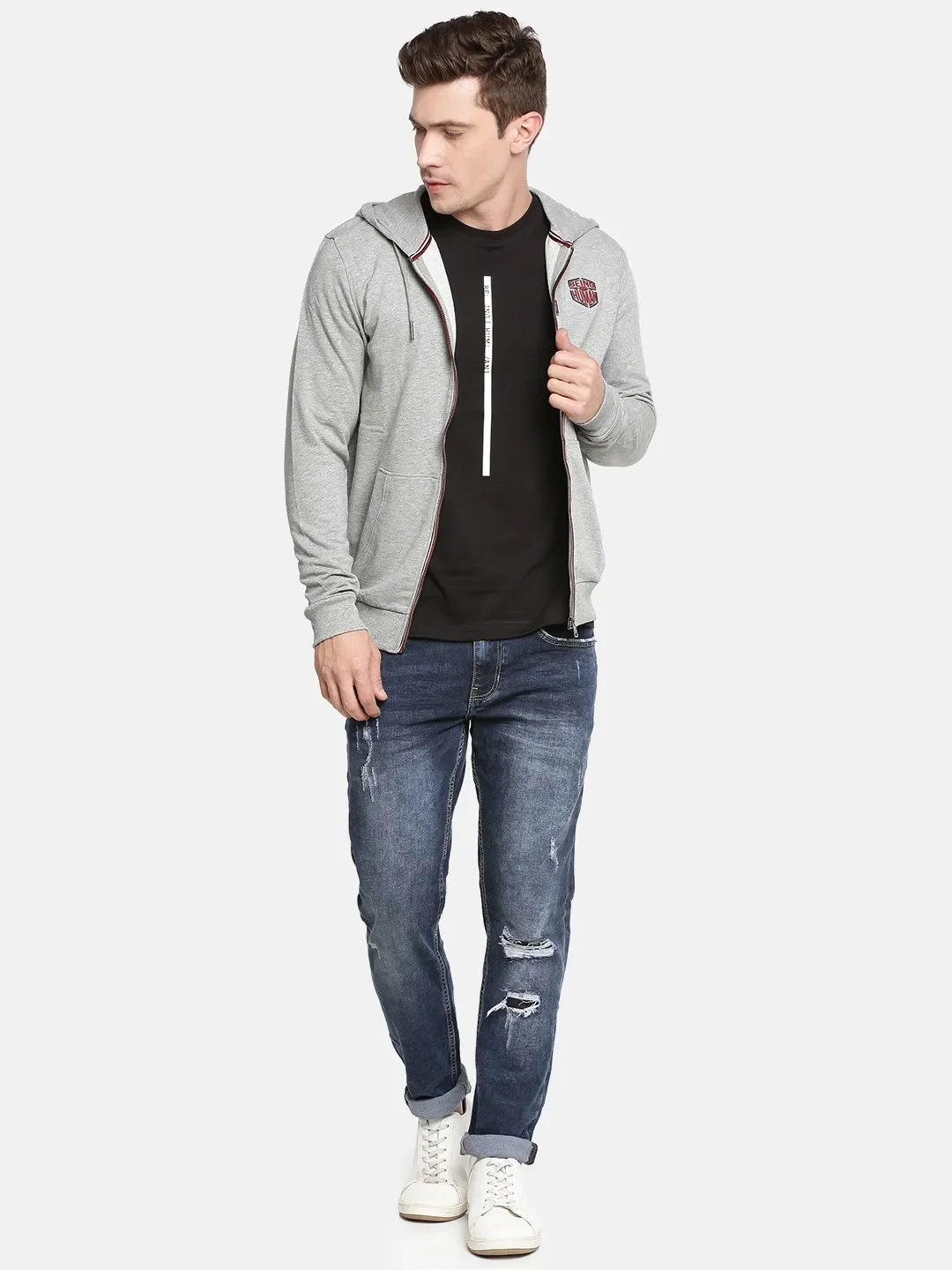 Grey Regular Fit  Long Sleeves Cotton Men's Hoodie by Being Human Clothing - Image 5