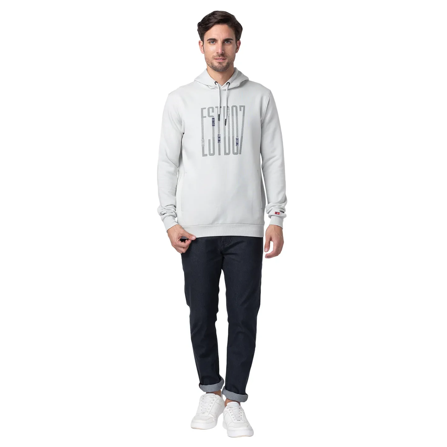 Grey Regular Fit  Long Sleeves Cotton Men's Hoodie by Being Human Clothing - Image 2