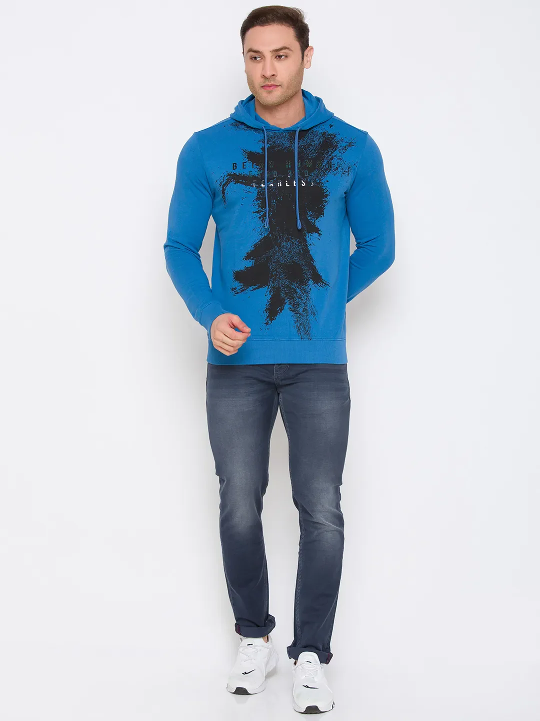 Blue Regular Fit  Long Sleeves Cotton Men's Hoodie by Being Human Clothing - Image 3