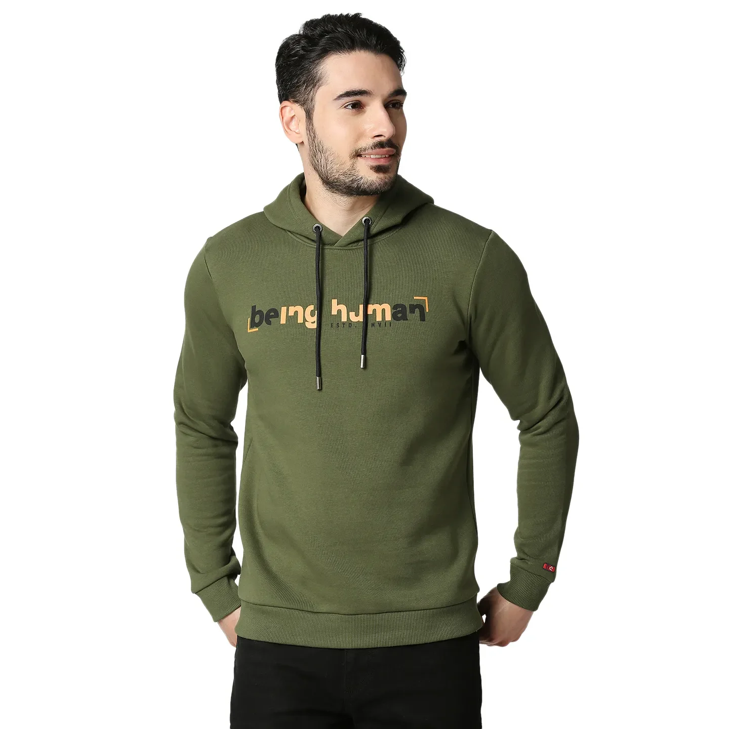Olive Regular Fit  Long Sleeves Cotton Men's Hoodie by Being Human Clothing