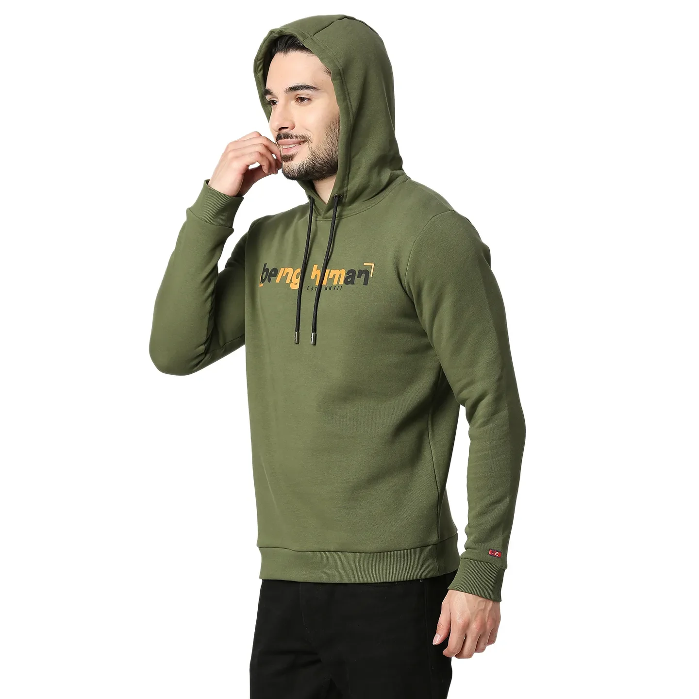 Olive Regular Fit  Long Sleeves Cotton Men's Hoodie by Being Human Clothing - Image 2