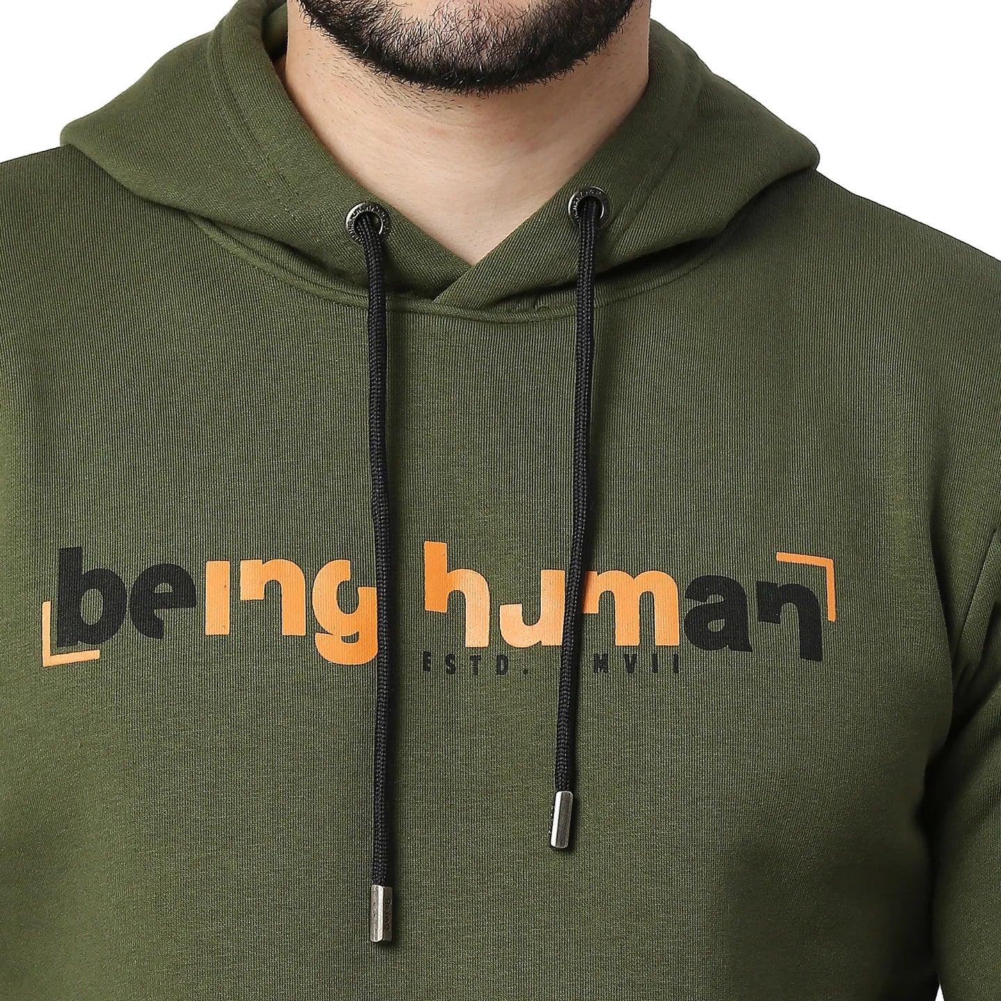 Olive Regular Fit  Long Sleeves Cotton Men's Hoodie by Being Human Clothing - Image 4
