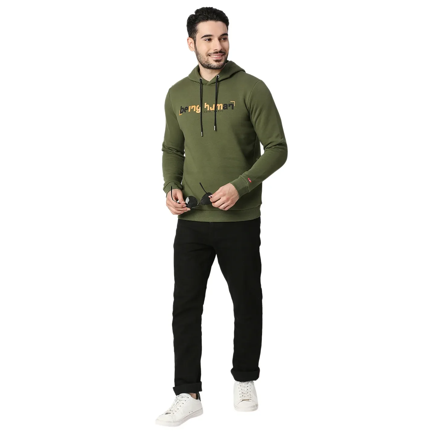 Olive Regular Fit  Long Sleeves Cotton Men's Hoodie by Being Human Clothing - Image 5