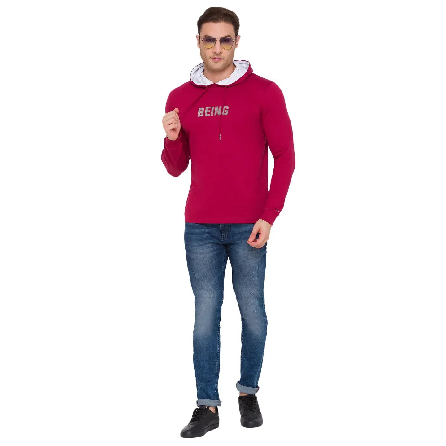 Red Regular Fit  Long Sleeves Cotton Men's Hoodie by Being Human Clothing - Image 5