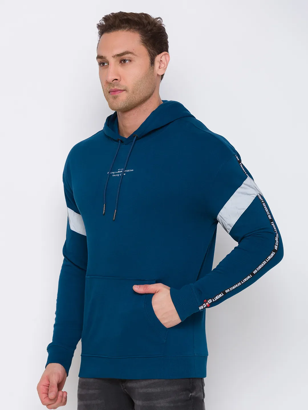 Blue Regular Fit  Long Sleeves Cotton Men's Hoodie by Being Human Clothing - Image 4