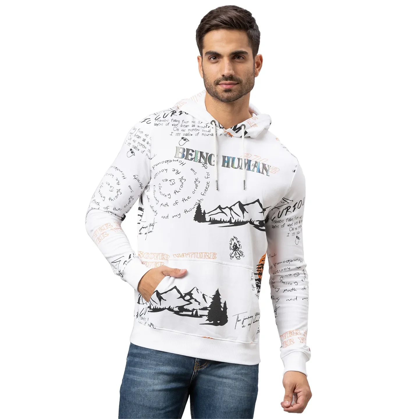 White Regular Fit  Long Sleeves Cotton Men's Hoodie by Being Human Clothing