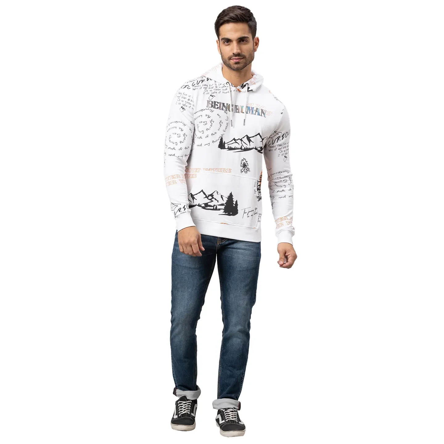 White Regular Fit  Long Sleeves Cotton Men's Hoodie by Being Human Clothing - Image 2