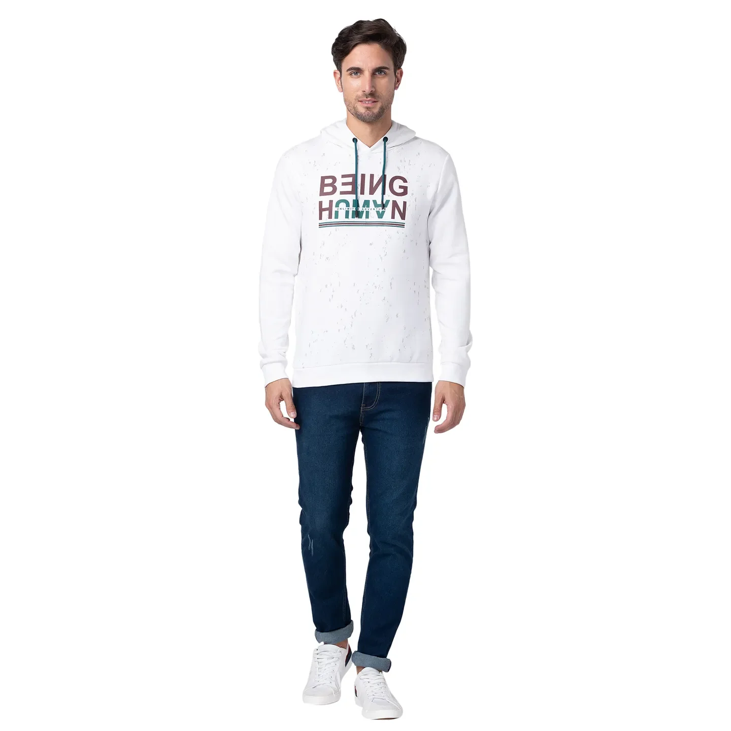 White Regular Fit Men's Hoodie by Being Human Clothing - Image 2
