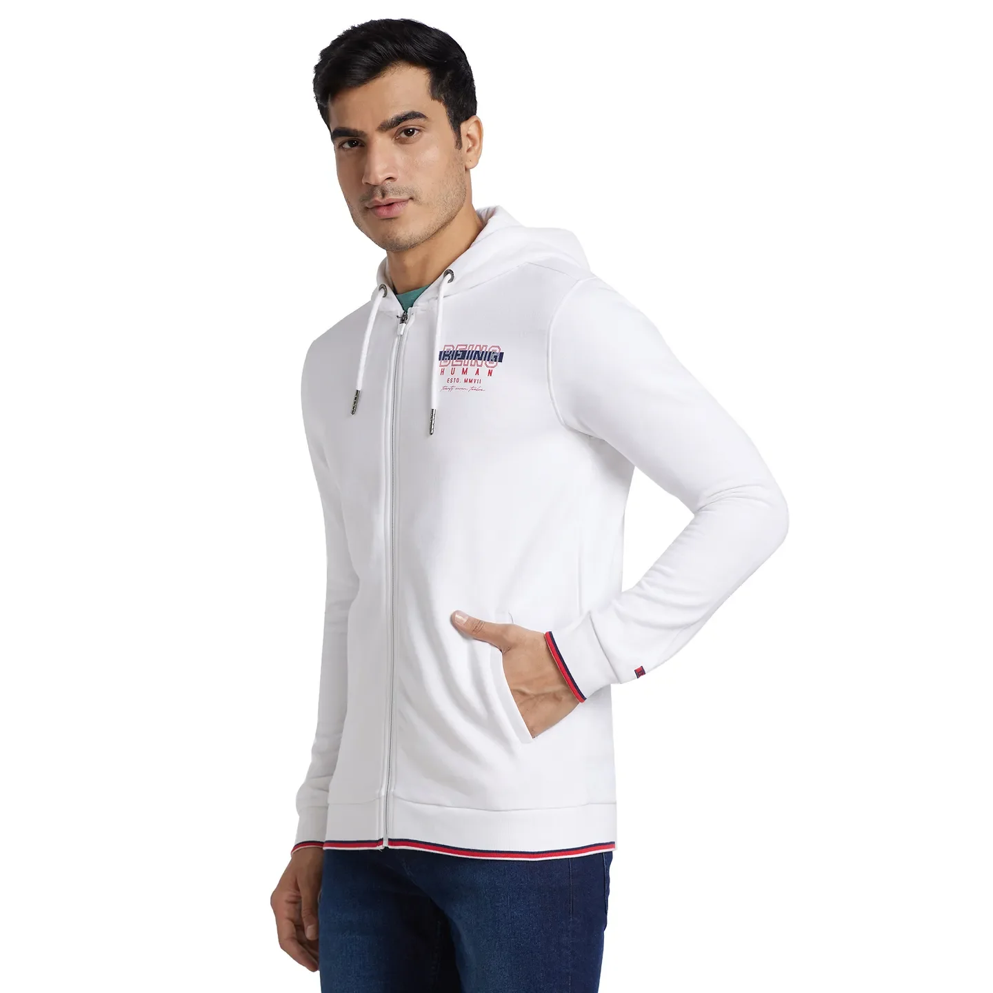 White Regular Fit  Long Sleeves Cotton Men's Hoodie by Being Human Clothing - Image 2