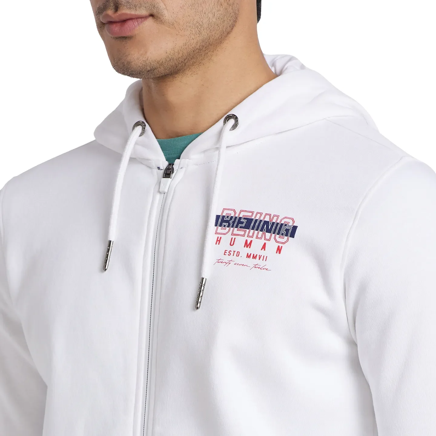 White Regular Fit  Long Sleeves Cotton Men's Hoodie by Being Human Clothing - Image 4