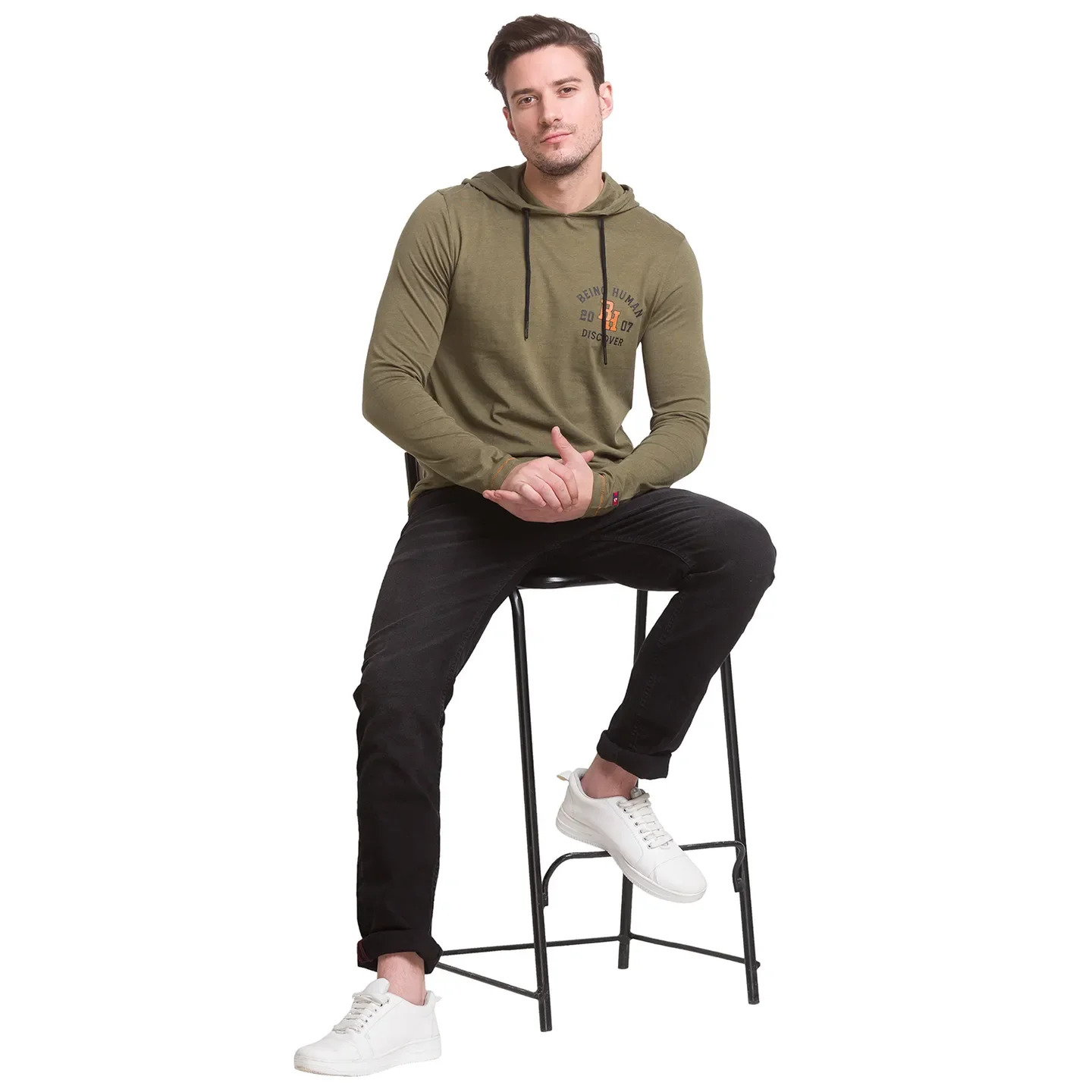 Dark Olive Regular Fit Hooded Neck Men's T-Shirt by Being Human Clothing - Image 3