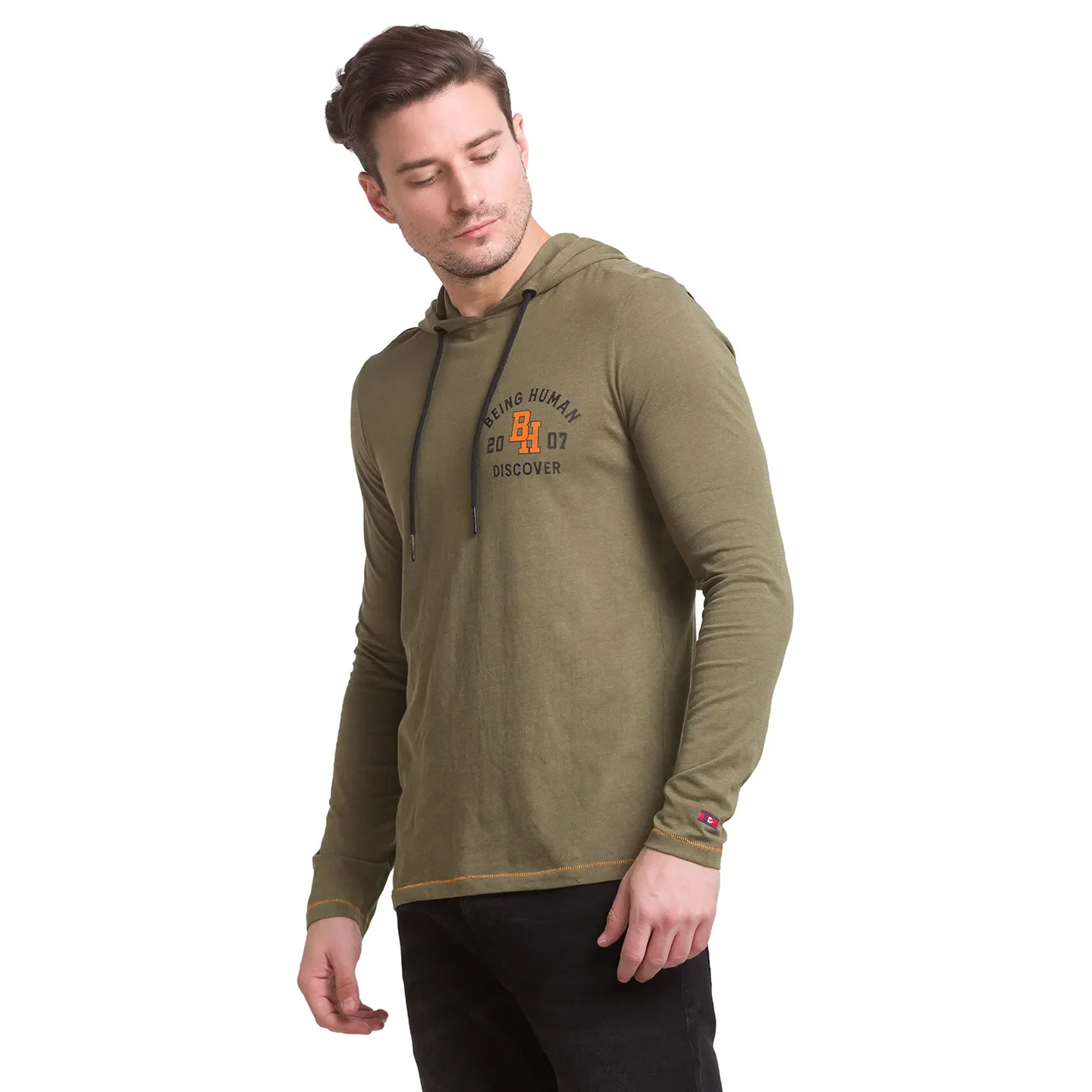 Dark Olive Regular Fit Hooded Neck Men's T-Shirt by Being Human Clothing - Image 5