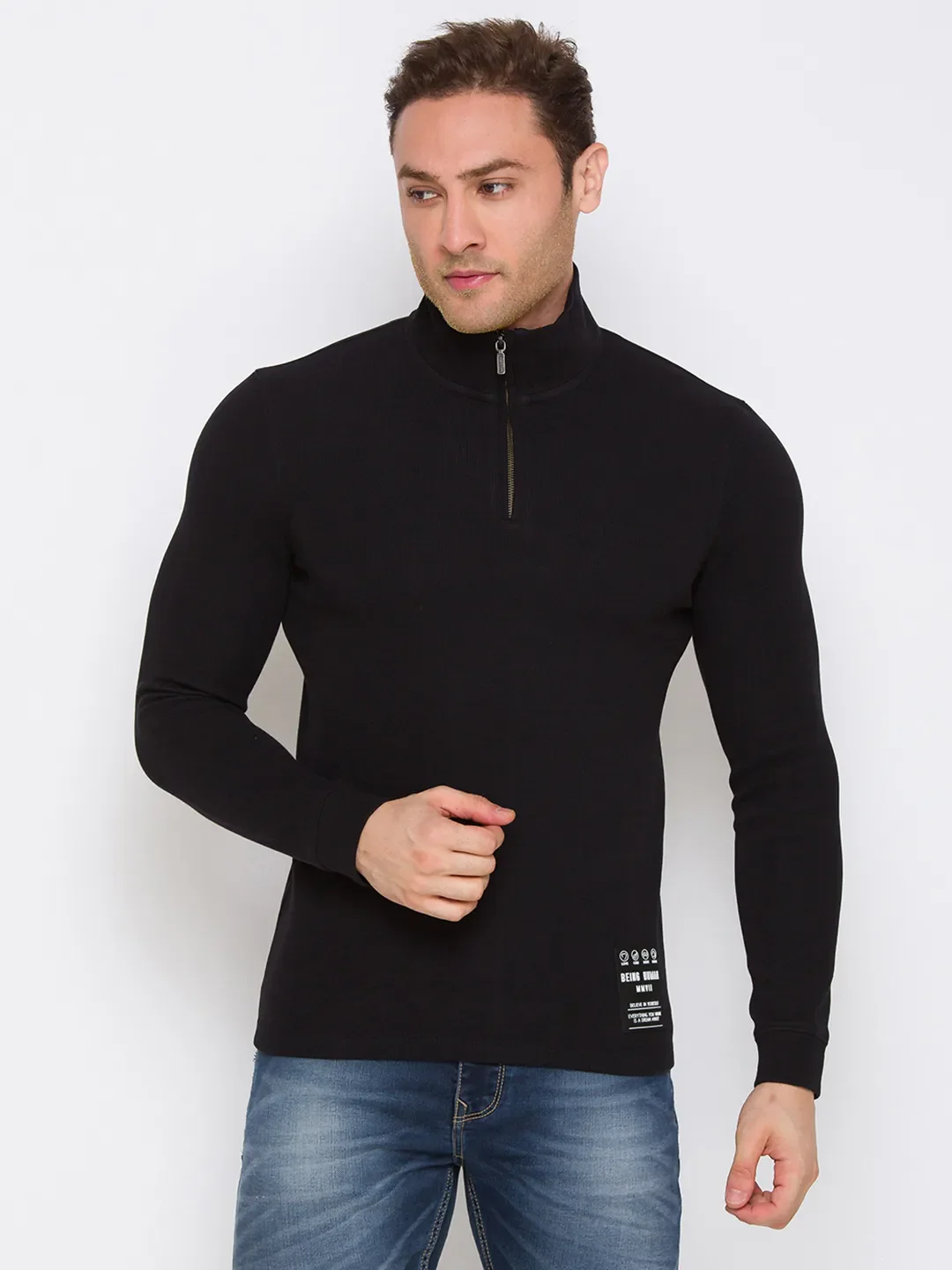 Black Regular Fit Polo Collar Long Sleeves Cotton Men's Sweatshirt by Being Human Clothing - Image 2