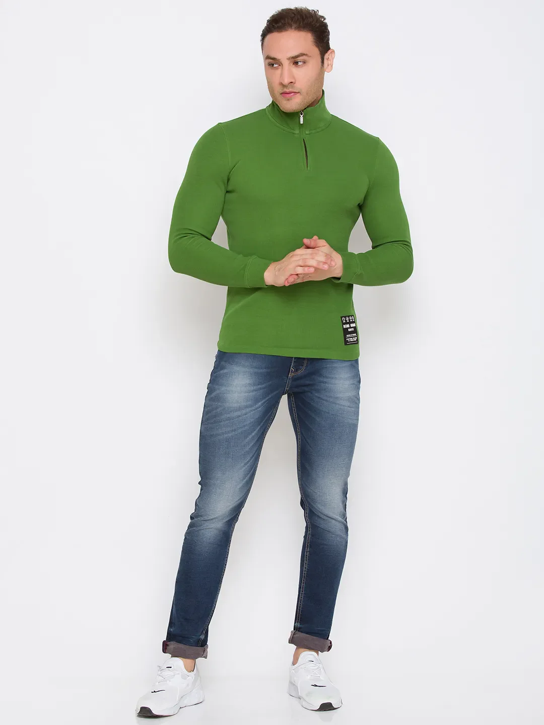 Green Regular Fit Polo Collar Long Sleeves Cotton Men's Sweatshirt by Being Human Clothing - Image 3