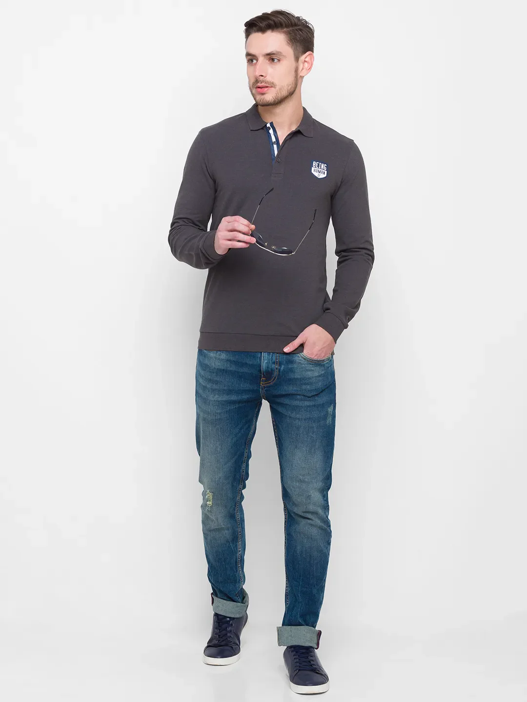 Grey Regular Fit Men's Long Sleeves Polo T-Shirt by Being Human Clothing - Image 2