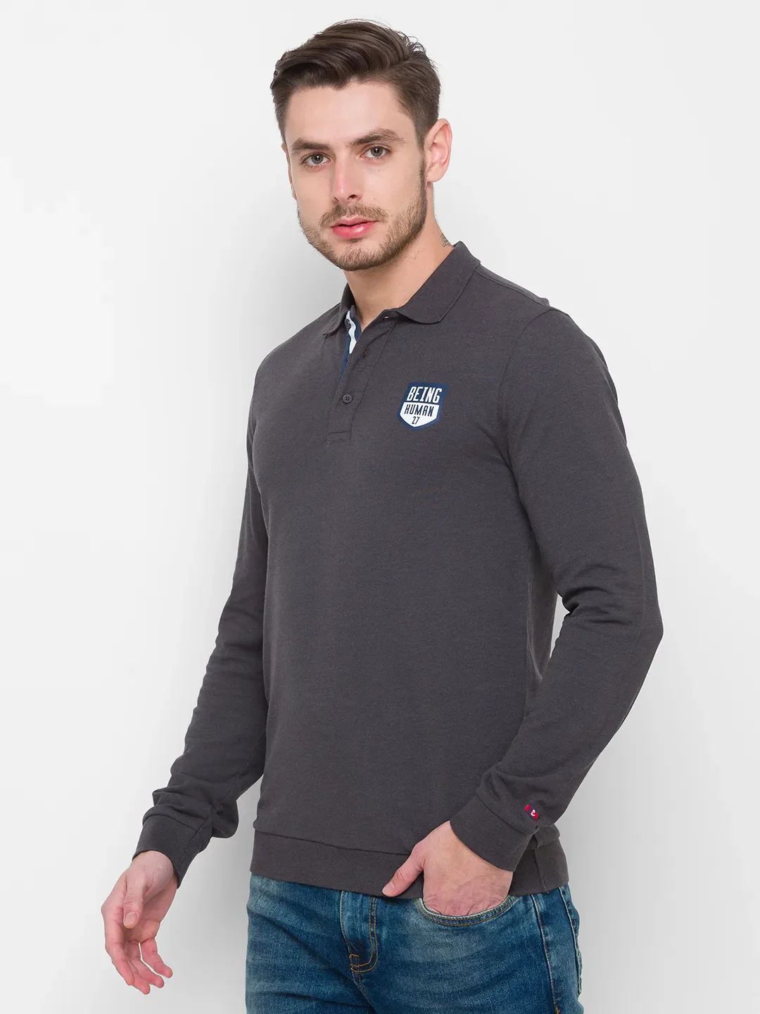 Grey Regular Fit Men's Long Sleeves Polo T-Shirt by Being Human Clothing - Image 4