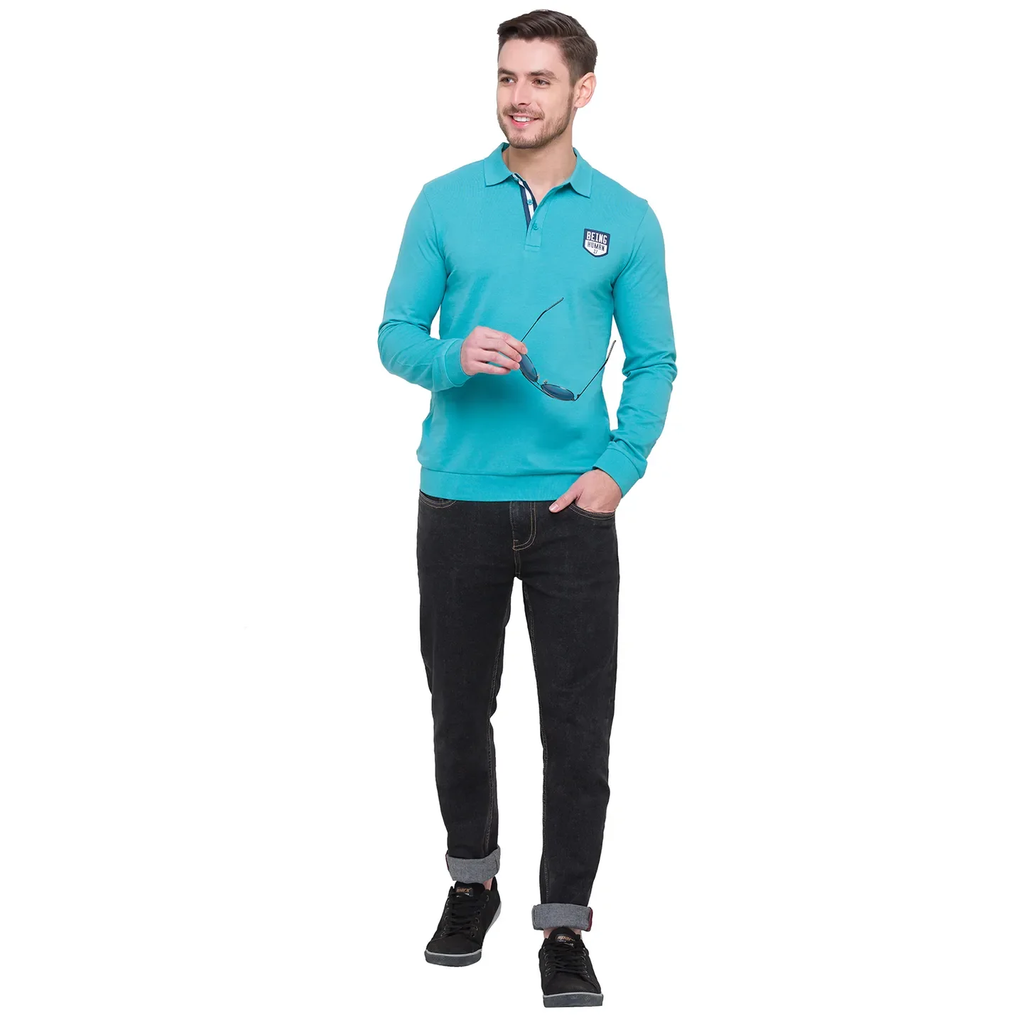 Blue Regular Fit Men's Long Sleeves Polo T-Shirt by Being Human Clothing - Image 2