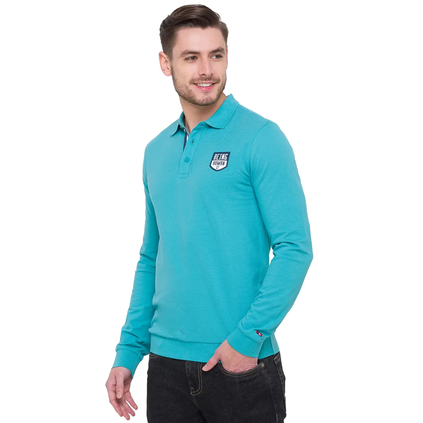 Blue Regular Fit Men's Long Sleeves Polo T-Shirt by Being Human Clothing - Image 4