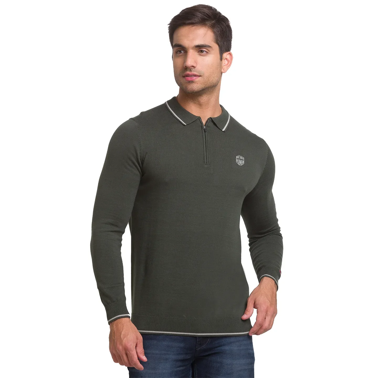 Green Regular Fit Men's Long Sleeves Polo T-Shirt by Being Human Clothing