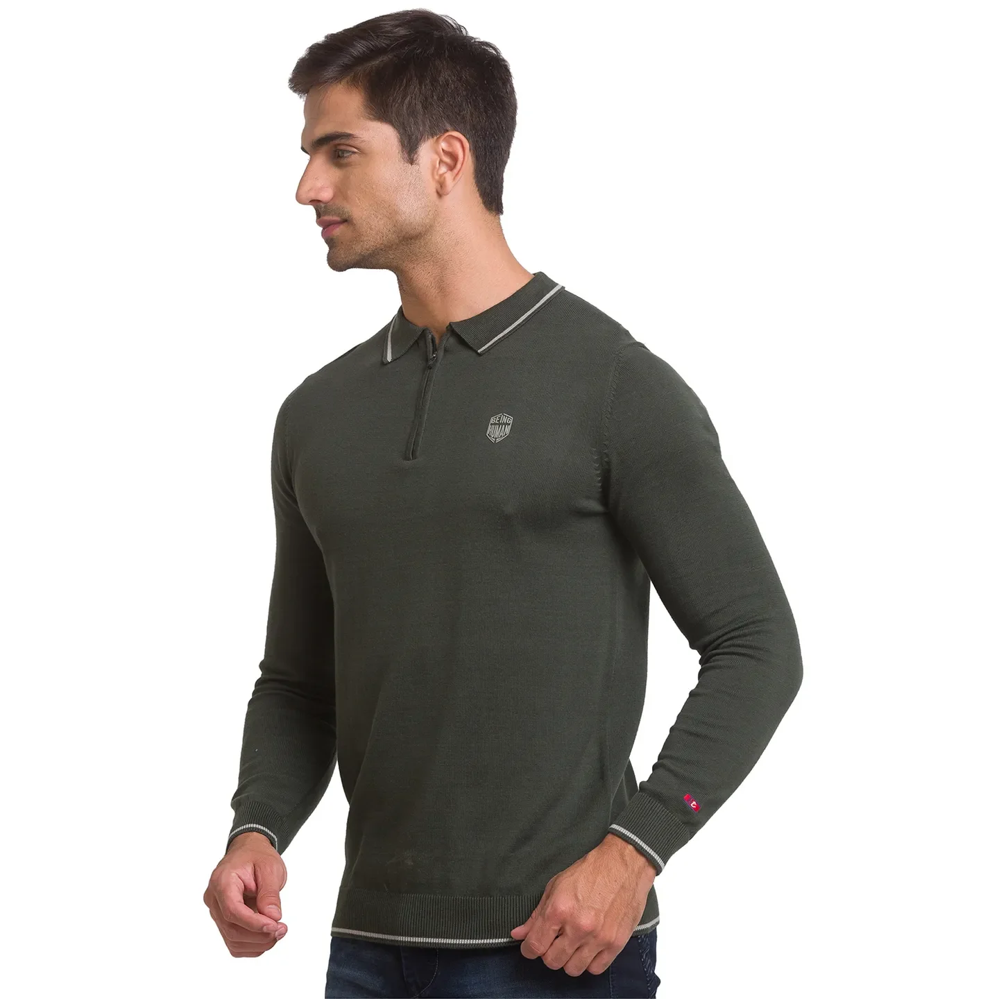 Green Regular Fit Men's Long Sleeves Polo T-Shirt by Being Human Clothing - Image 4