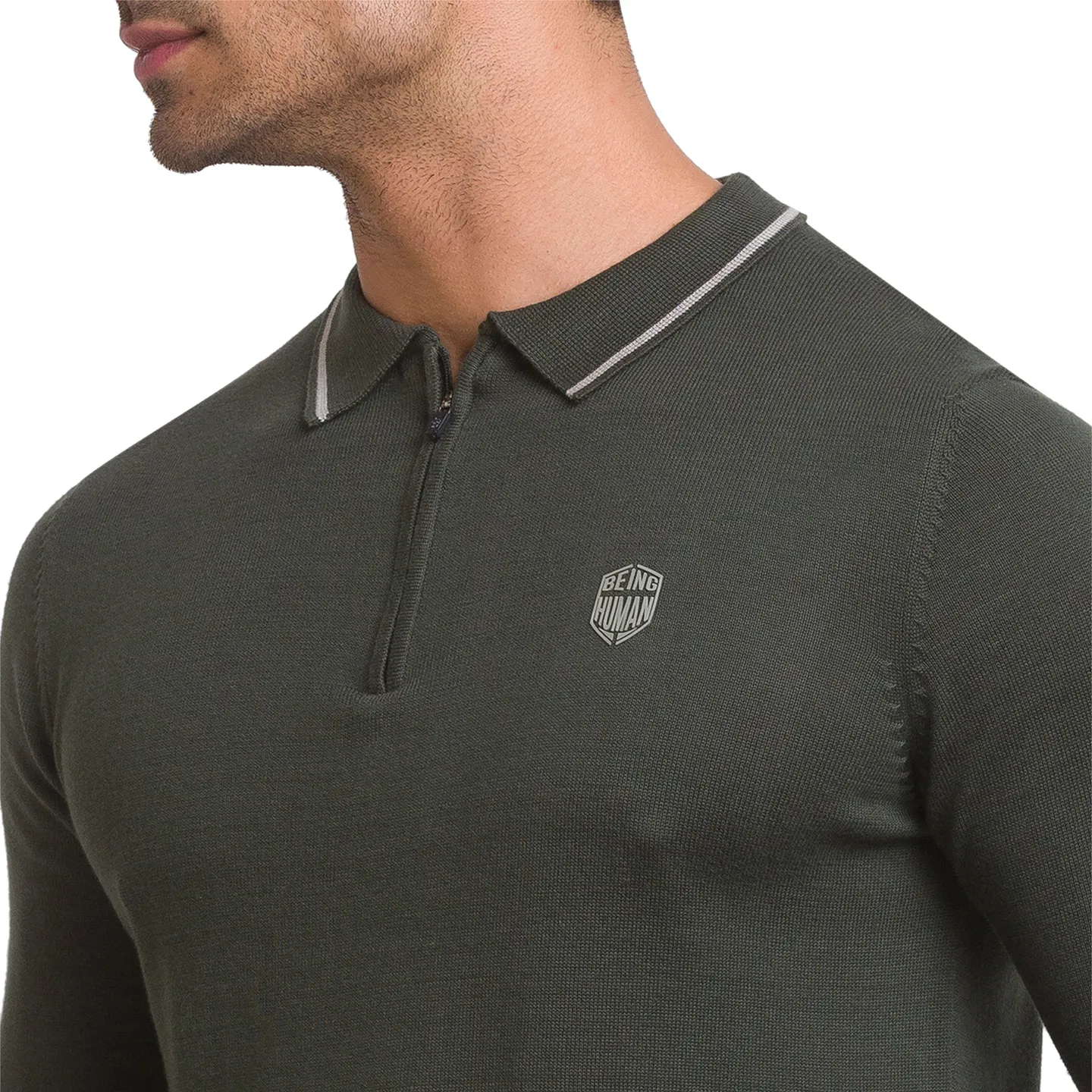 Green Regular Fit Men's Long Sleeves Polo T-Shirt by Being Human Clothing - Image 5