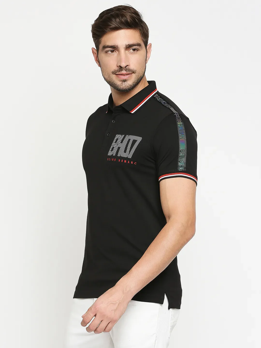Black Regular Fit Men's Polo T-Shirt by Being Human Clothing - Image 5