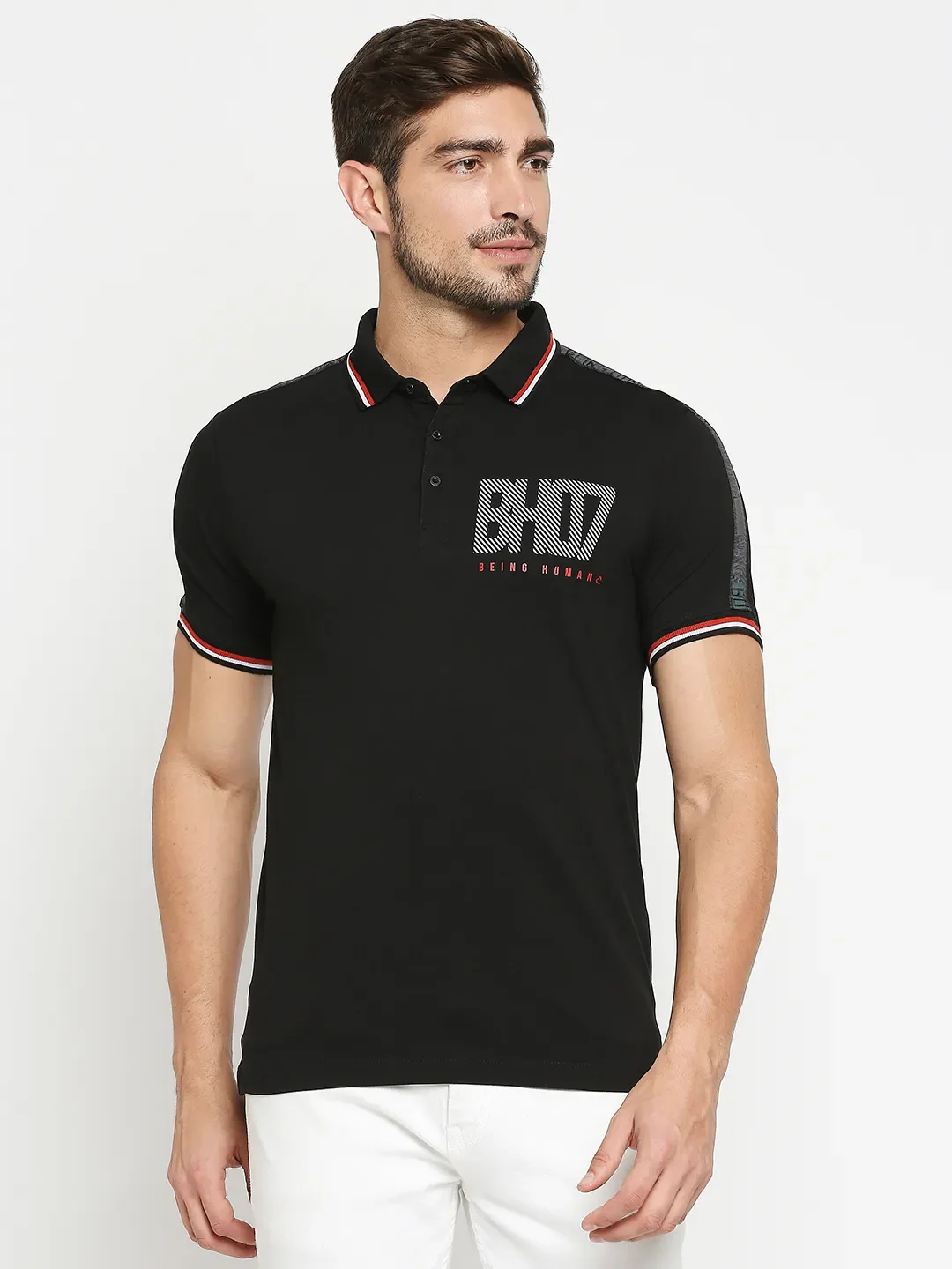 Black Regular Fit Men's Polo T-Shirt by Being Human Clothing - Image 6