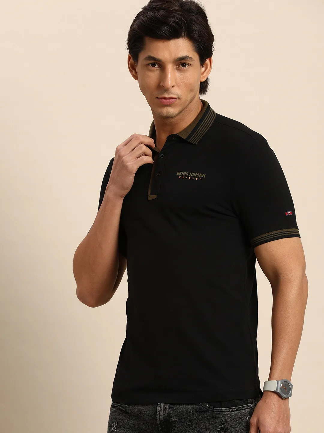 Black Regular Fit Men's Polo T-Shirt by Being Human Clothing - Image 4