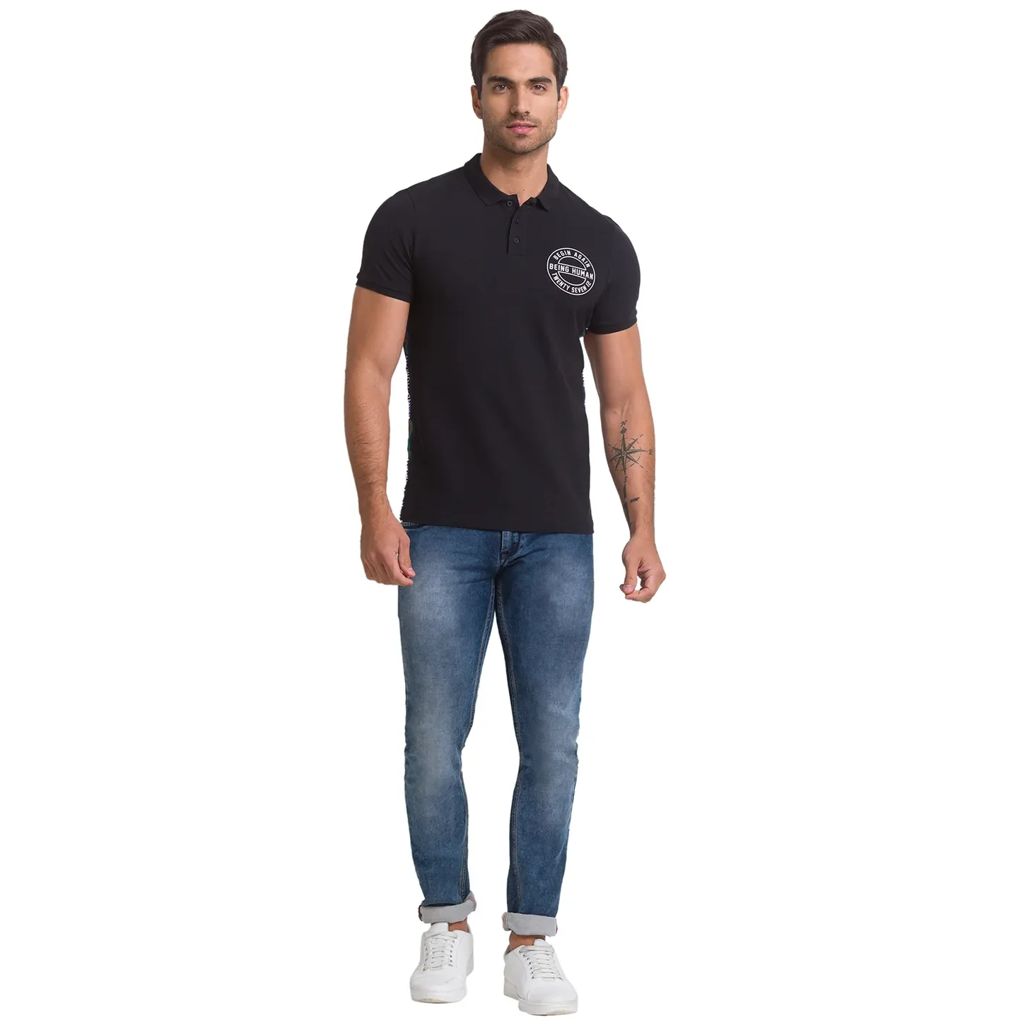 Black Regular Fit Men's Polo T-Shirt by Being Human Clothing - Image 5