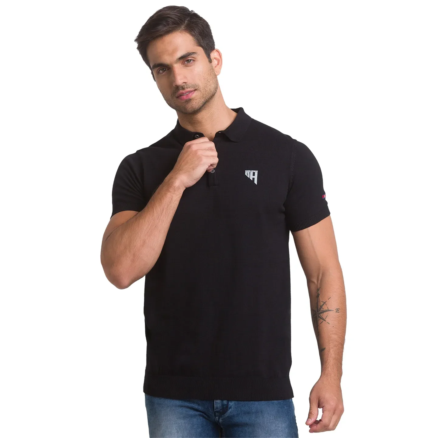 Black Regular Fit Men's Polo T-Shirt by Being Human Clothing - Image 2