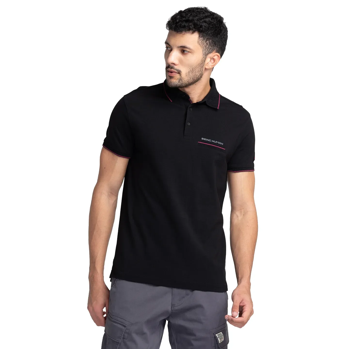 Black Regular Fit Men's Polo T-Shirt by Being Human Clothing