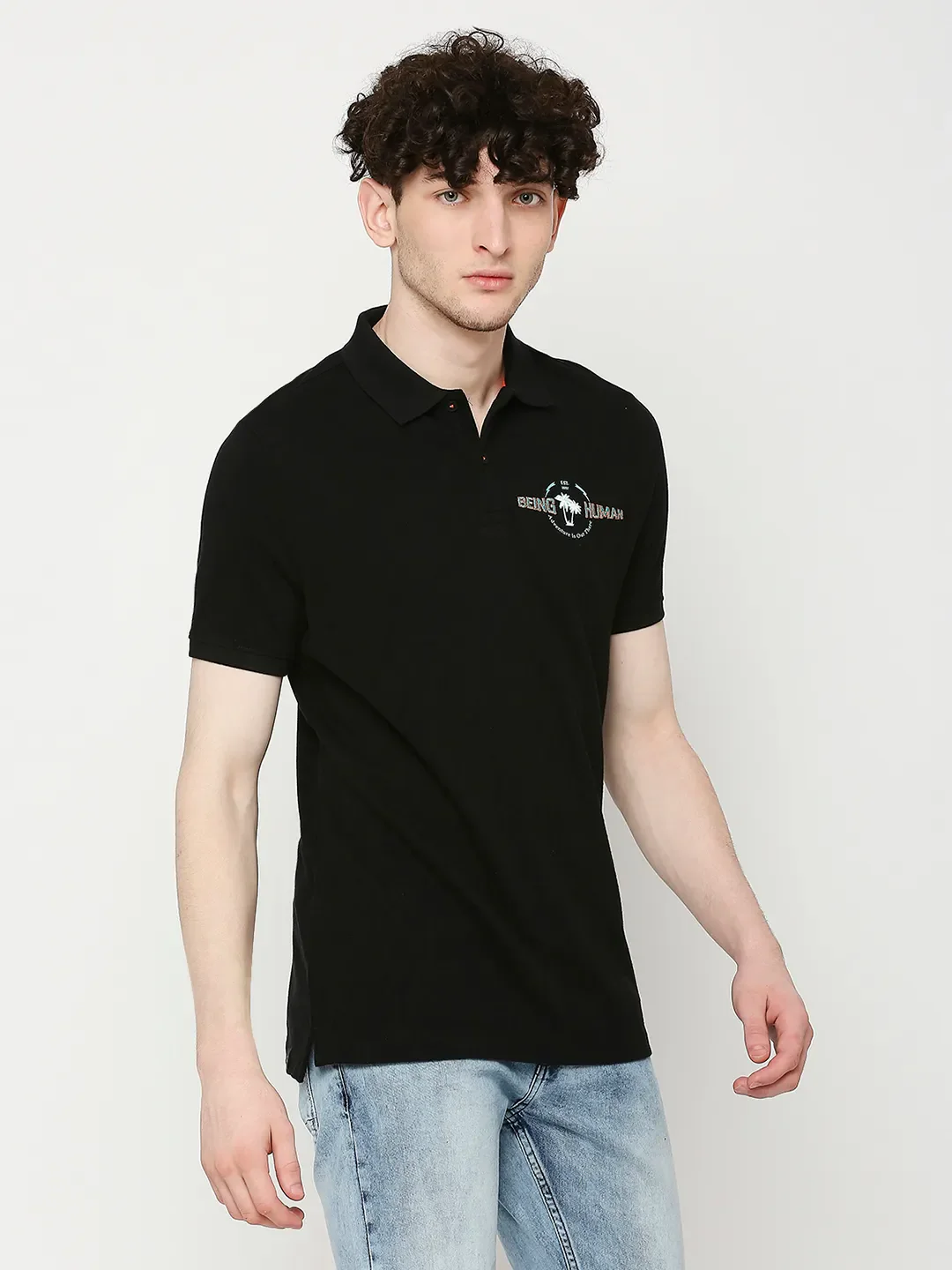 Black Regular Fit Men's Polo T-Shirt by Being Human Clothing - Image 3