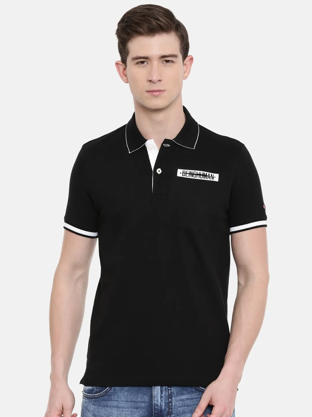 Black Regular Fit Men's Polo T-Shirt by Being Human Clothing