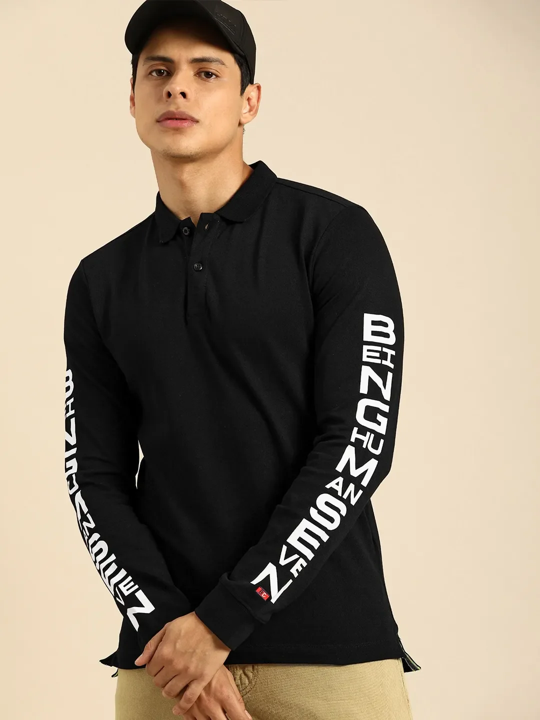 Black Regular Fit Men's Long Sleeves Polo T-Shirt by Being Human Clothing - Image 3
