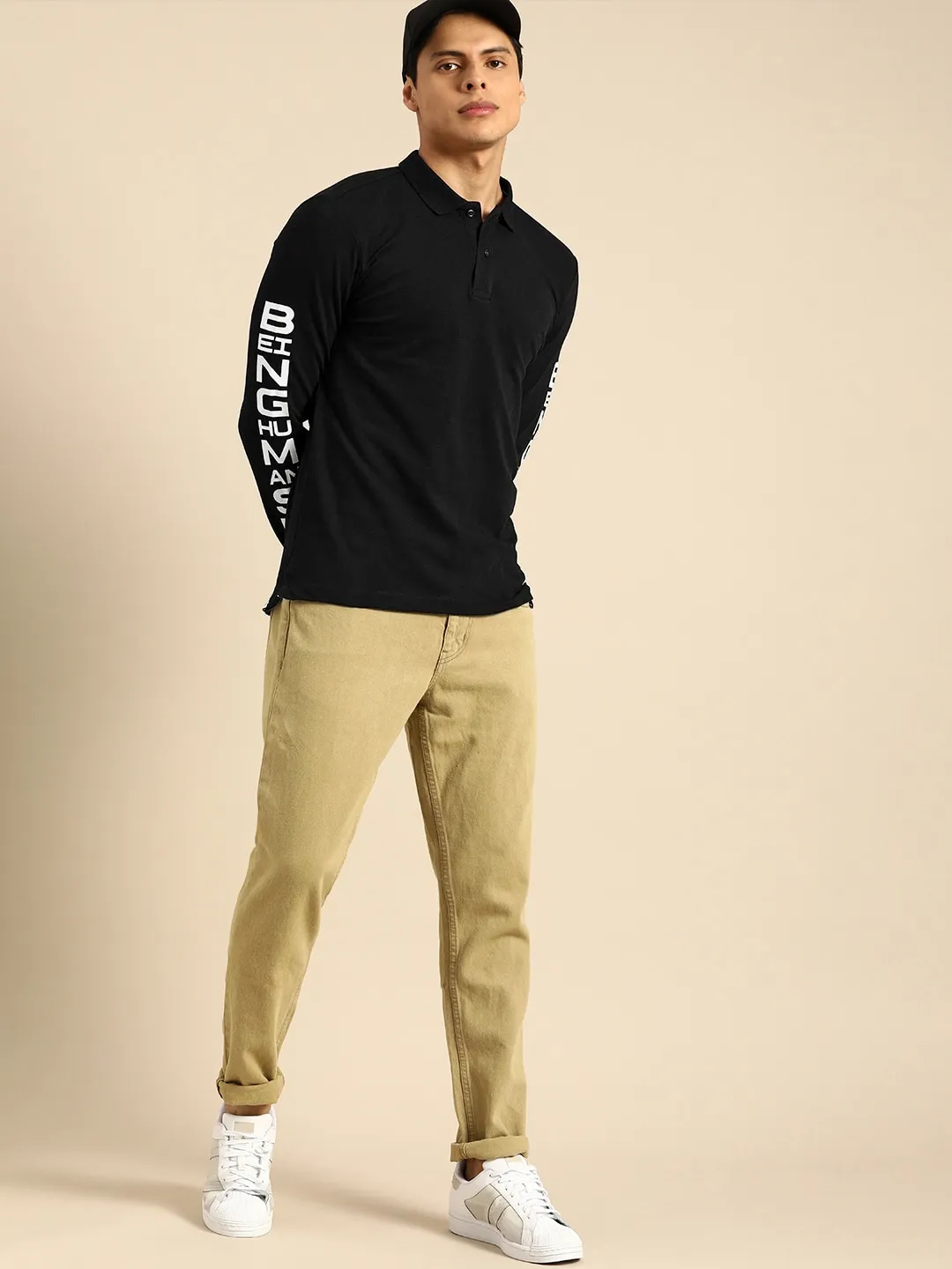 Black Regular Fit Men's Long Sleeves Polo T-Shirt by Being Human Clothing - Image 4