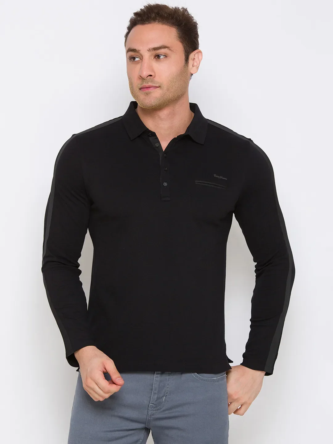 Black Regular Fit Men's Long Sleeves Polo T-Shirt by Being Human Clothing