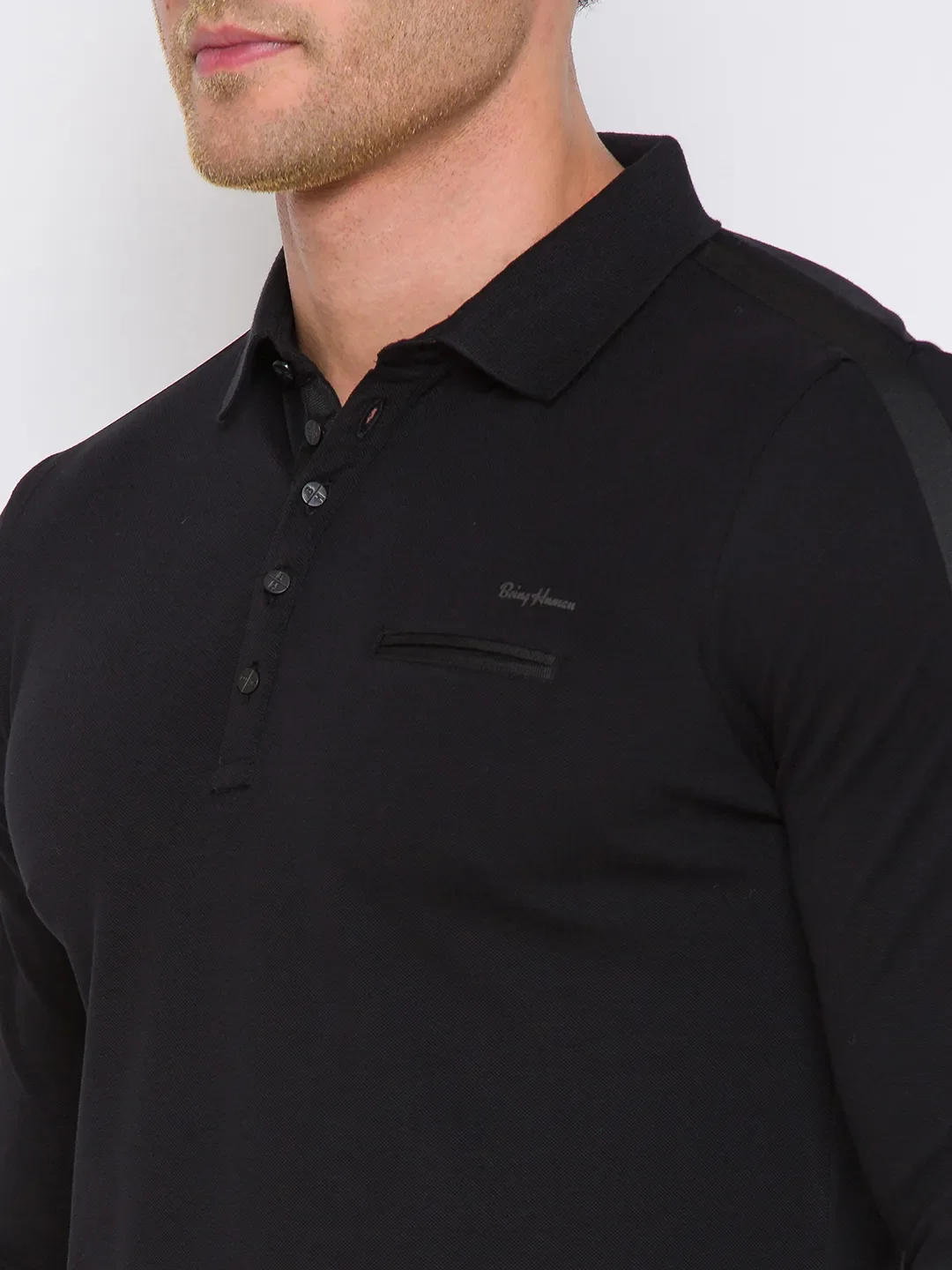 Black Regular Fit Men's Long Sleeves Polo T-Shirt by Being Human Clothing - Image 4
