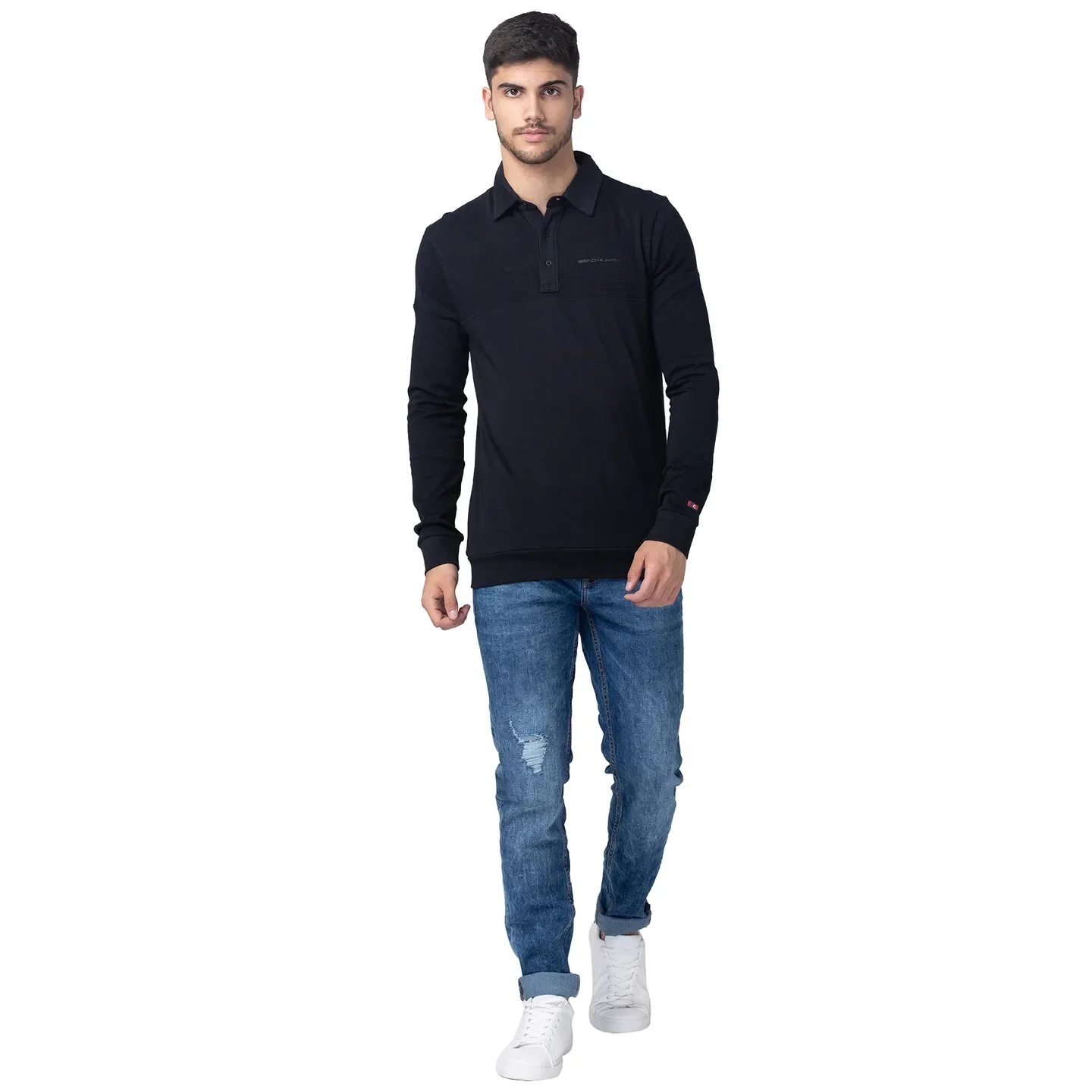 Black Regular Fit Men's Long Sleeves Polo T-Shirt by Being Human Clothing - Image 5